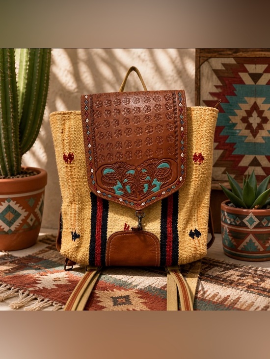 Myra Bag Handbags - Boho western woven backpack tooled leather flap Aztec southwestern festival bag